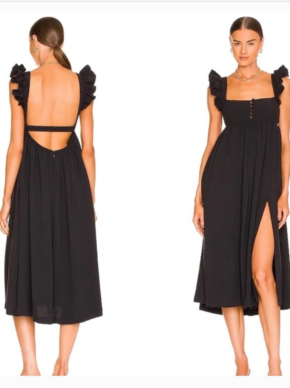 LPA Black Ruffle-Shoulder Midi Dress with High Side Slit